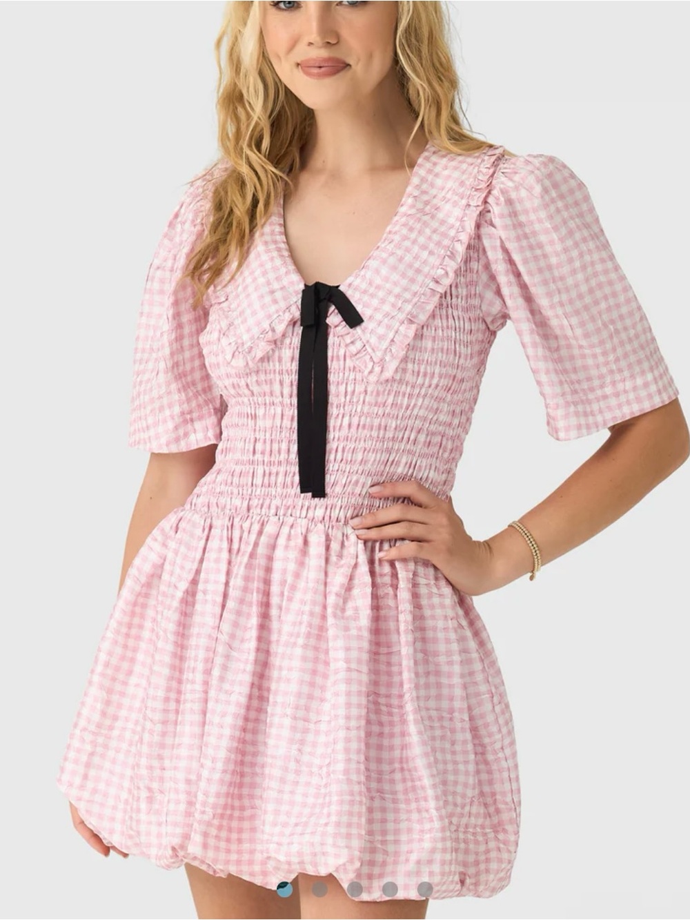 Ganni Pink Gingham Smocked Mini Dress with Black Tie